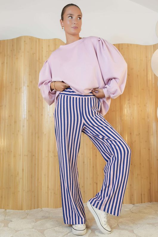 Shoreditch Stripe Lounge Flare Trouser Navy & Sweetpea /14=